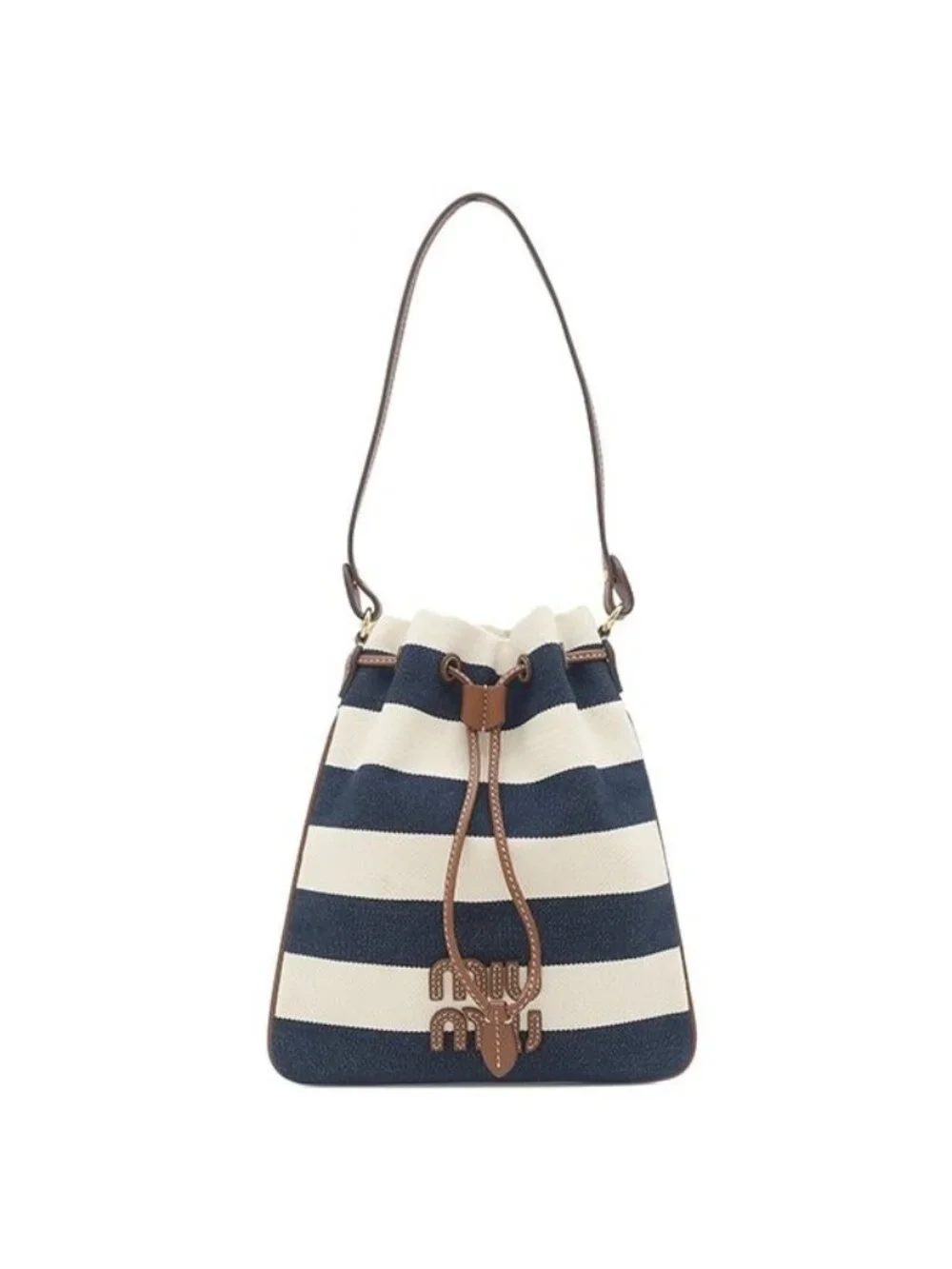 Miu Miu Handbag Drawstring Pouch Canvas Leather Navy Natural Gold Striped